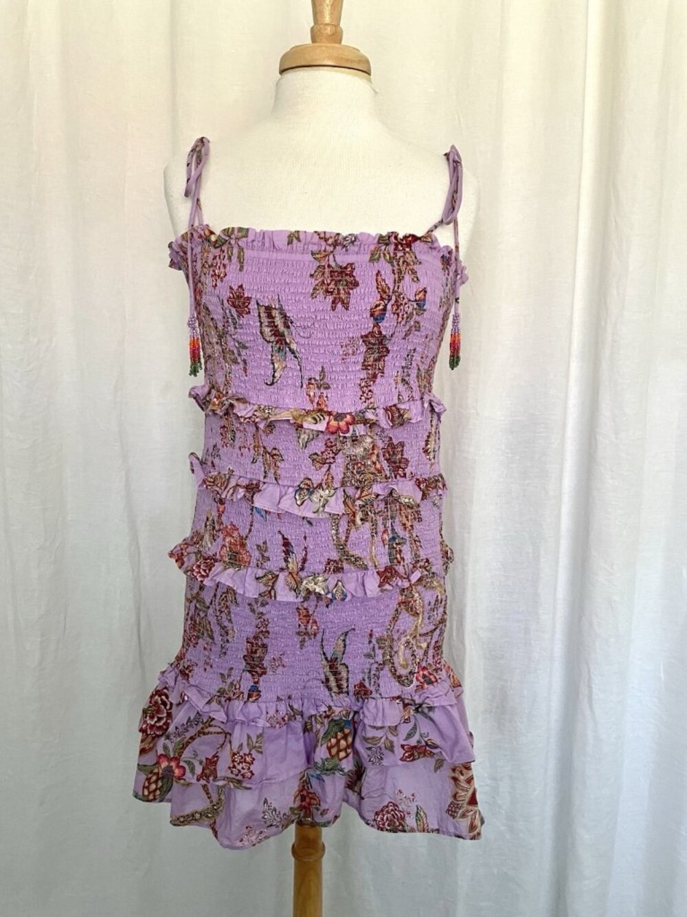 FARM RIO Floral Tiered Shirred Sleeveless Mini Dress Tassels Lilac size Large